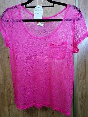 Mudd Hot Pink Sheer Lace Short Sleeve Pocket Tee